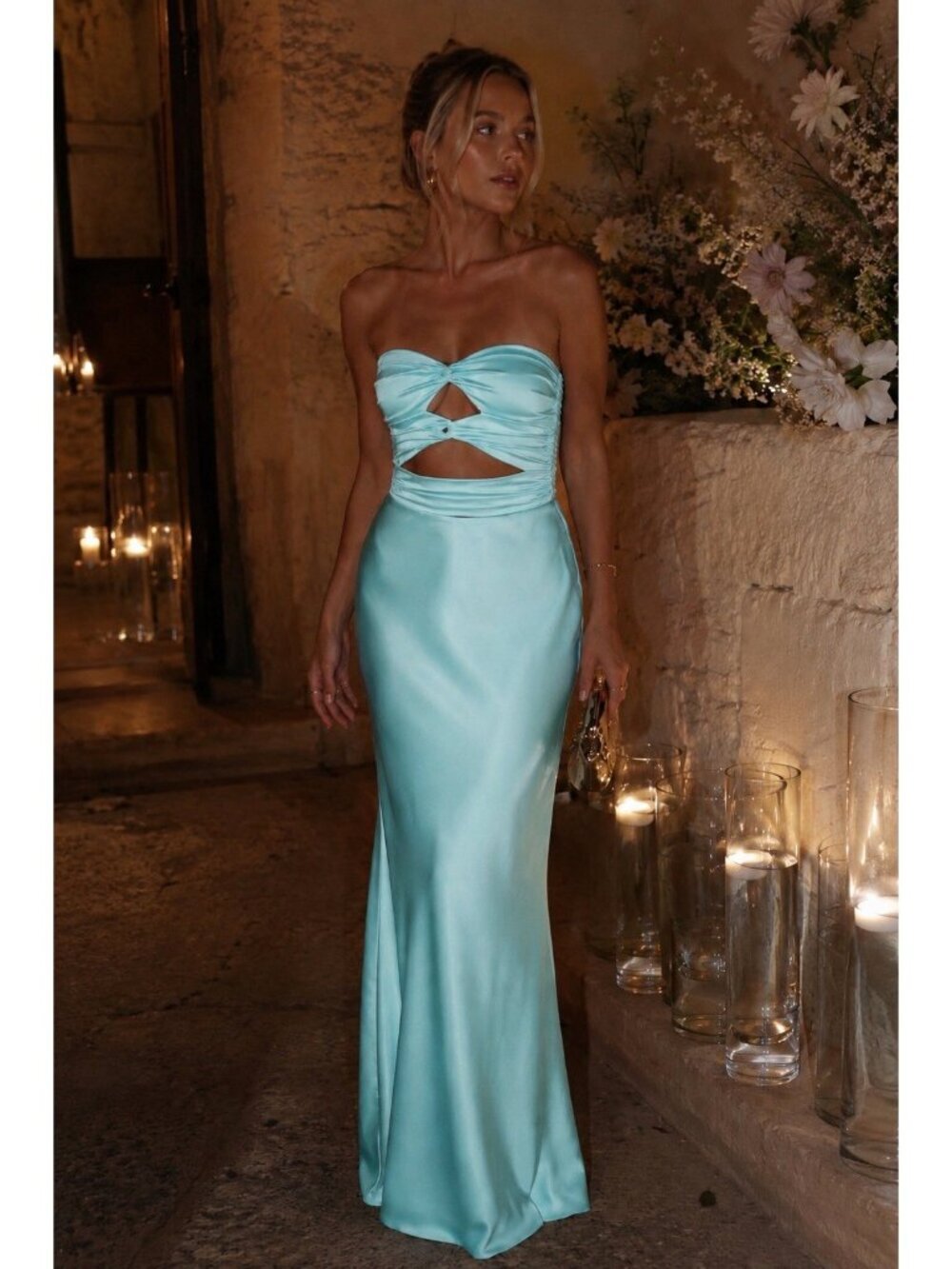 Hntr the Label Inka Gown Sz Small Aqua Blue Satin Strapless Cut Out Maxi Dress